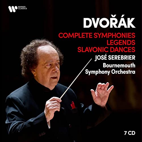 José Serebrier conducting with baton, album cover for Dvořák symphonies.