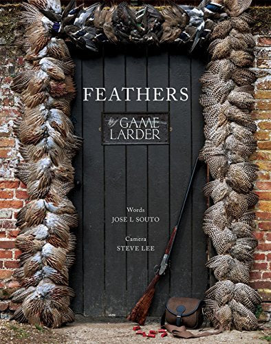 Book cover featuring a dark door framed by hung game birds and feathers.