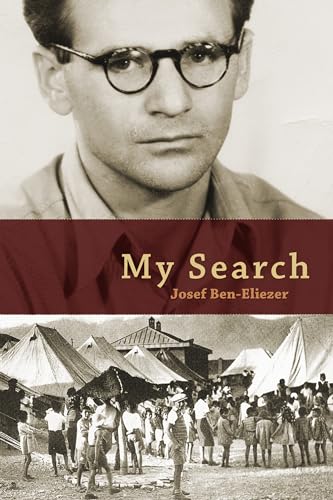 Book cover: "My Search" with portrait of a man and refugee camp scene.
