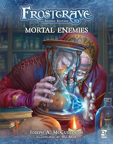 Frostgrave: Mortal Enemies book cover with a wizard and hourglass.