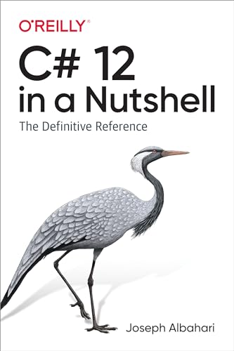 C# 12 in a Nutshell book cover with a crane illustration.