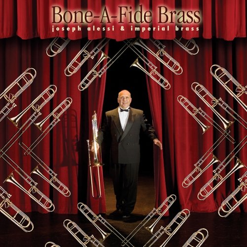 Joseph Alessi in a tuxedo stands before red curtains surrounded by multiple trombone silhouettes.