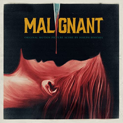 “Malignant” vinyl record cover with red silhouette and dripping blood effect.