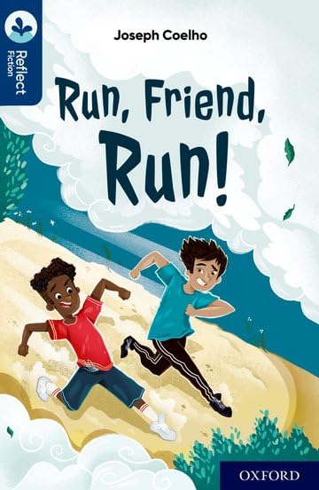 Book cover: two boys running on a sandy beach, blue waves.