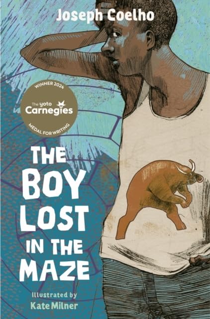 Book cover showing a boy with a bull illustration on his shirt against blue.
