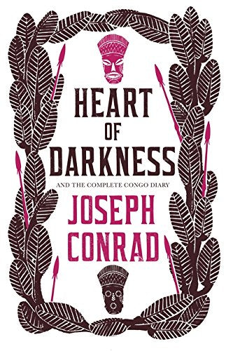 Book cover for Heart of Darkness by Joseph Conrad featuring tribal masks and spears.