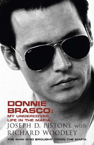Book cover: Donnie Brasco, a man in sunglasses, black and white portrait.