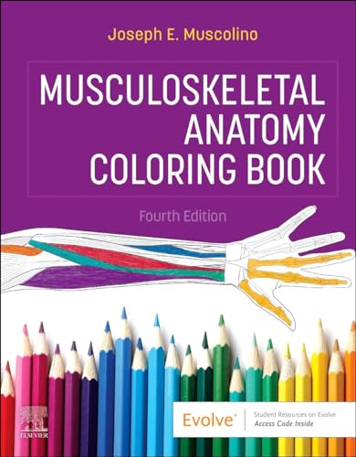 Musculoskeletal anatomy coloring book cover with hand illustration and colored pencils.