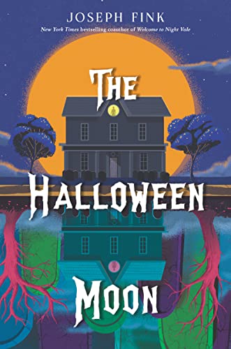 Book cover featuring a dark house silhouetted against a large orange moon.