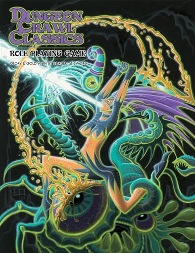 Dungeon Crawl Classics rulebook cover with vibrant, fantastical monster illustration.
