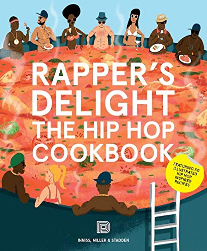 Cookbook cover with illustrated hip hop figures around a large plate of food.