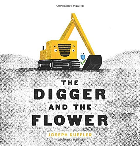 Yellow digger with a smiling face gently holds a small blue flower.