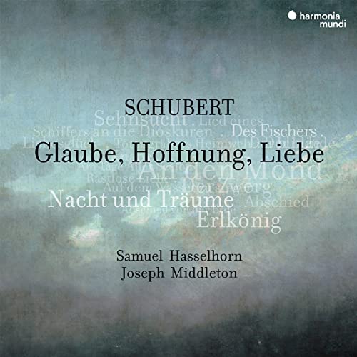 CD cover for Schubert’s “Glaube, Hoffnung, Liebe” with text and landscape.