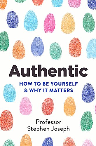 "Book cover with multicolored fingerprints on white background, titled 'Authentic' by Stephen Joseph."
