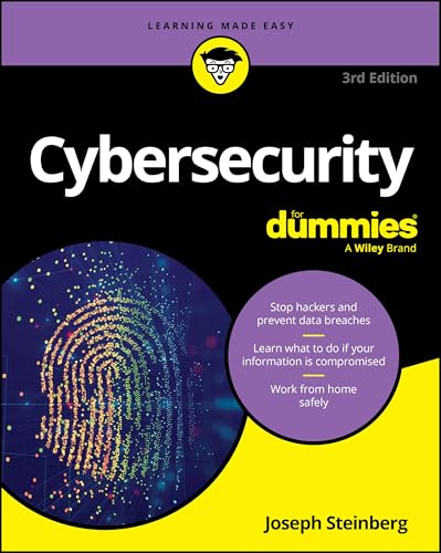 Book cover for "Cybersecurity For Dummies" with fingerprint graphic.