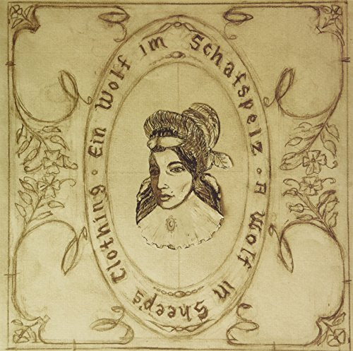 Sketch of a woman in a headscarf within an ornate, oval frame.