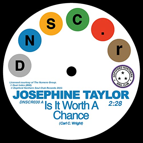 Vinyl record label with colorful circles and text: Josephine Taylor - Is It Worth A Chance.