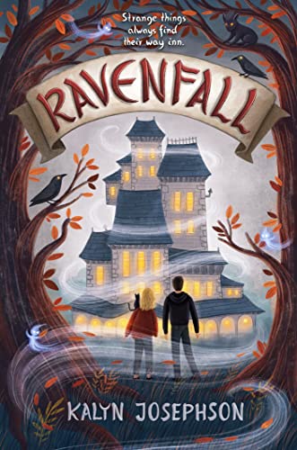 Book cover: "Ravenfall" depicts a large, illuminated mansion and two figures.