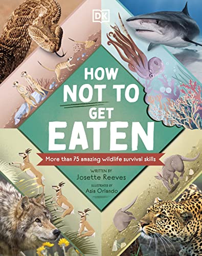 Book cover: "How Not to Get Eaten" with predator and prey illustrations.