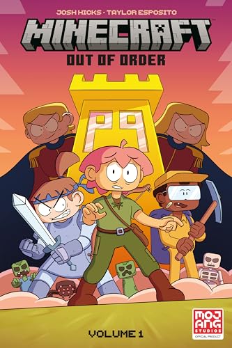 Minecraft graphic novel cover with four characters and a castle backdrop.