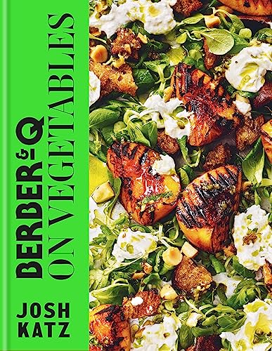 Book cover with a bright green spine and a salad of grilled vegetables and cheese.