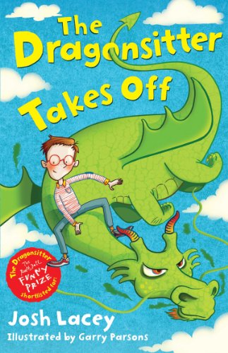 Boy riding a green dragon, book cover for "The Dragonsitter Takes Off".