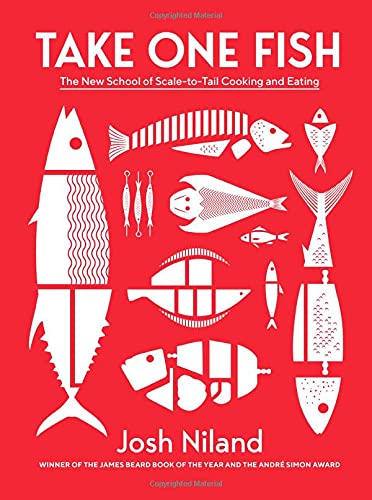 Red cookbook cover with white illustrations of various fish species.