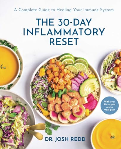 Book cover with colorful food bowls and title “The 30-Day Inflammatory Reset”.