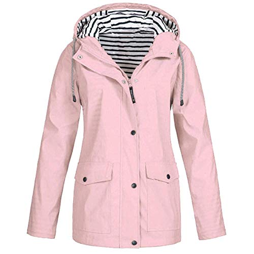 A light pink hooded rain jacket with a black and white striped inner lining.