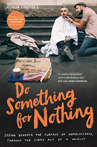 Book cover: haircutting on the street, with a homeless person and text.