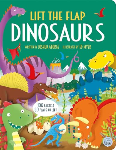 Colorful children’s book cover featuring various cartoon dinosaurs and lift-the-flaps.
