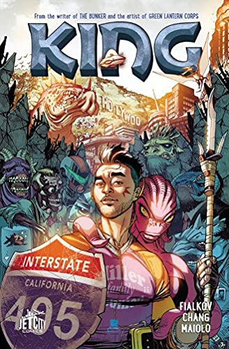 Comic book cover: young man faces monstrous creatures in a city.