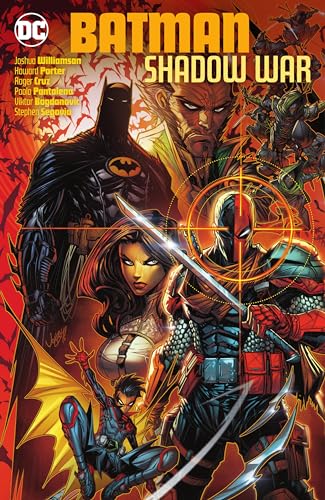 Batman, Deathstroke, and other heroes in dynamic comic book cover art.