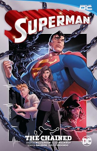 Superman stands behind Lois Lane, Jimmy Olsen, and a woman, all surrounded by heavy chains.