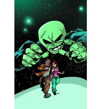 Comic book cover: large green alien looming over a man and woman.