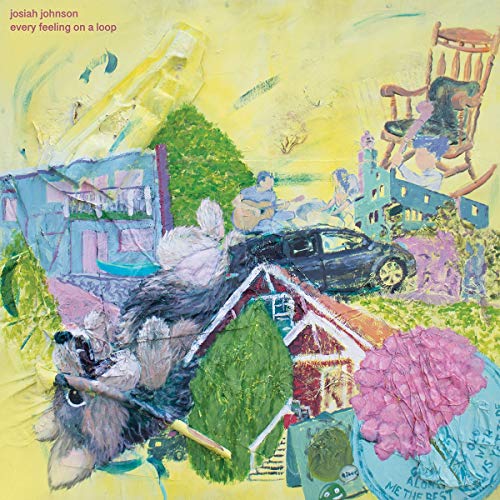 "Album cover with abstract collage of house, car, chair, and trees on yellow background."