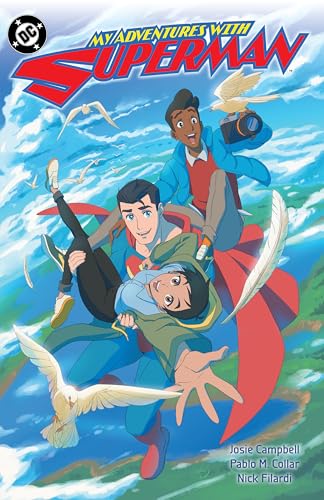 Comic book cover featuring Superman and friends flying with birds.