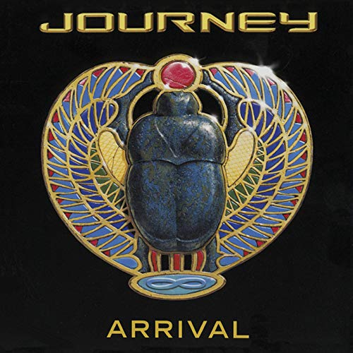 Journey's "Arrival" album cover: a blue scarab beetle with ornate gold wings.