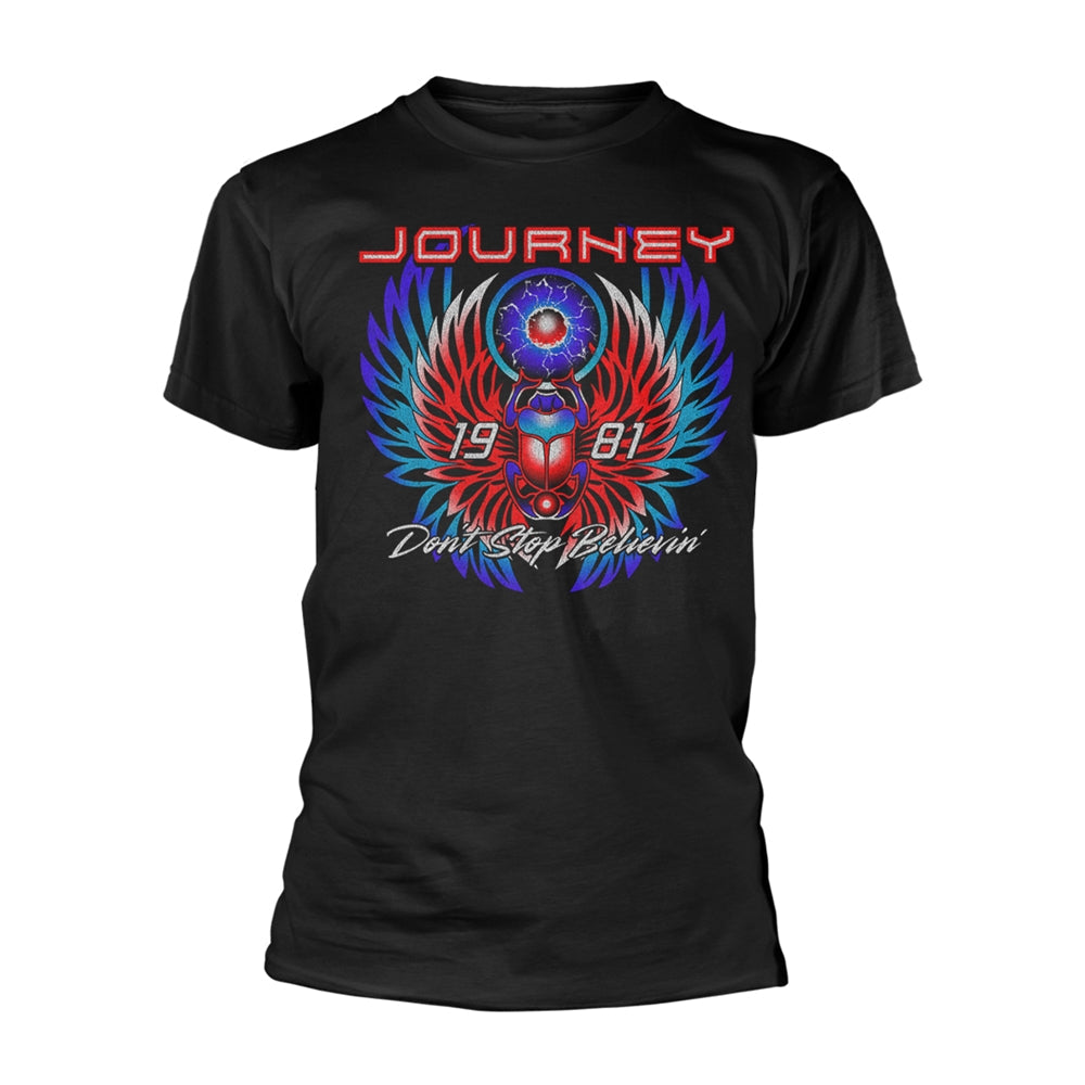 Black t-shirt with colorful Journey band logo and "Don't Stop Believin'" text.