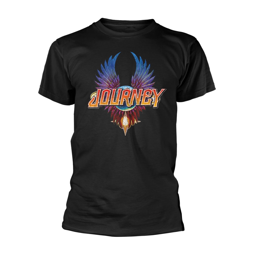 Black t-shirt featuring the Journey band logo with colorful wings and a flame.