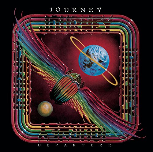 Journey's "Departure" album cover: beetle, planet, and colorful abstract design.