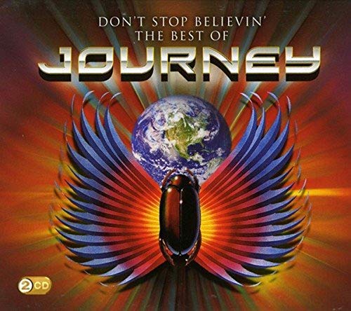 Journey album cover featuring a winged beetle, a globe, and a sunburst background.