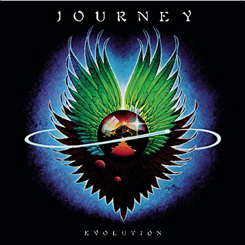Journey’s “Evolution” album cover: a dark sphere with green wings and planets.