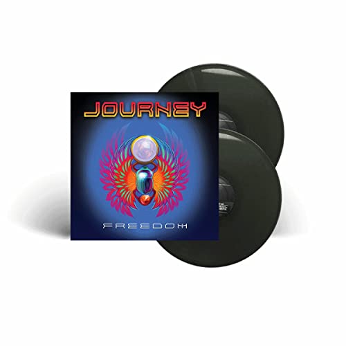Journey’s “Freedom” vinyl record with colorful cover art and black discs.