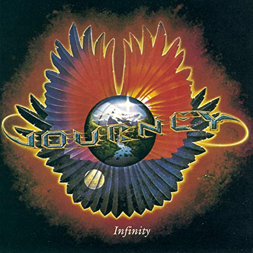 Journey’s “Infinity” album cover: a stylized wing and globe design.