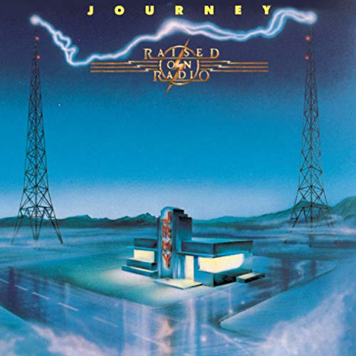 Journey’s “Raised On Radio” CD cover with radio towers and a car.