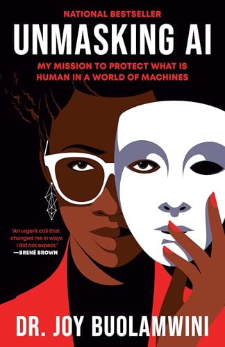 Book cover: woman with mask, red background, title "Unmasking AI".