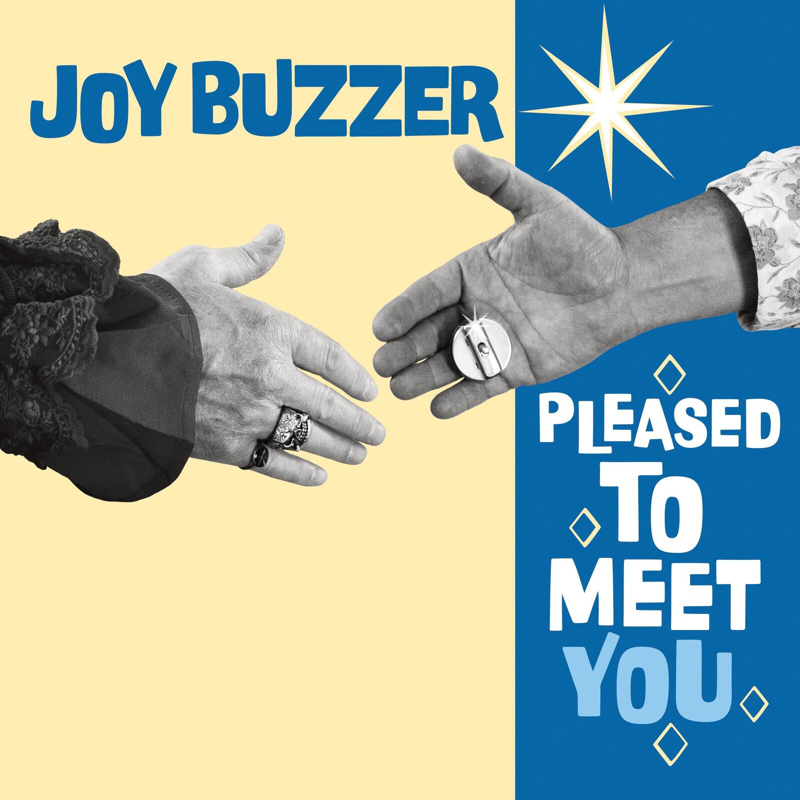 Two hands reaching for a handshake, one holding a silver joy buzzer device.
