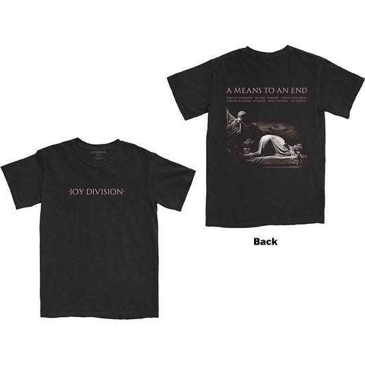 Black t-shirt with white "Joy Division" text, worn by a man.