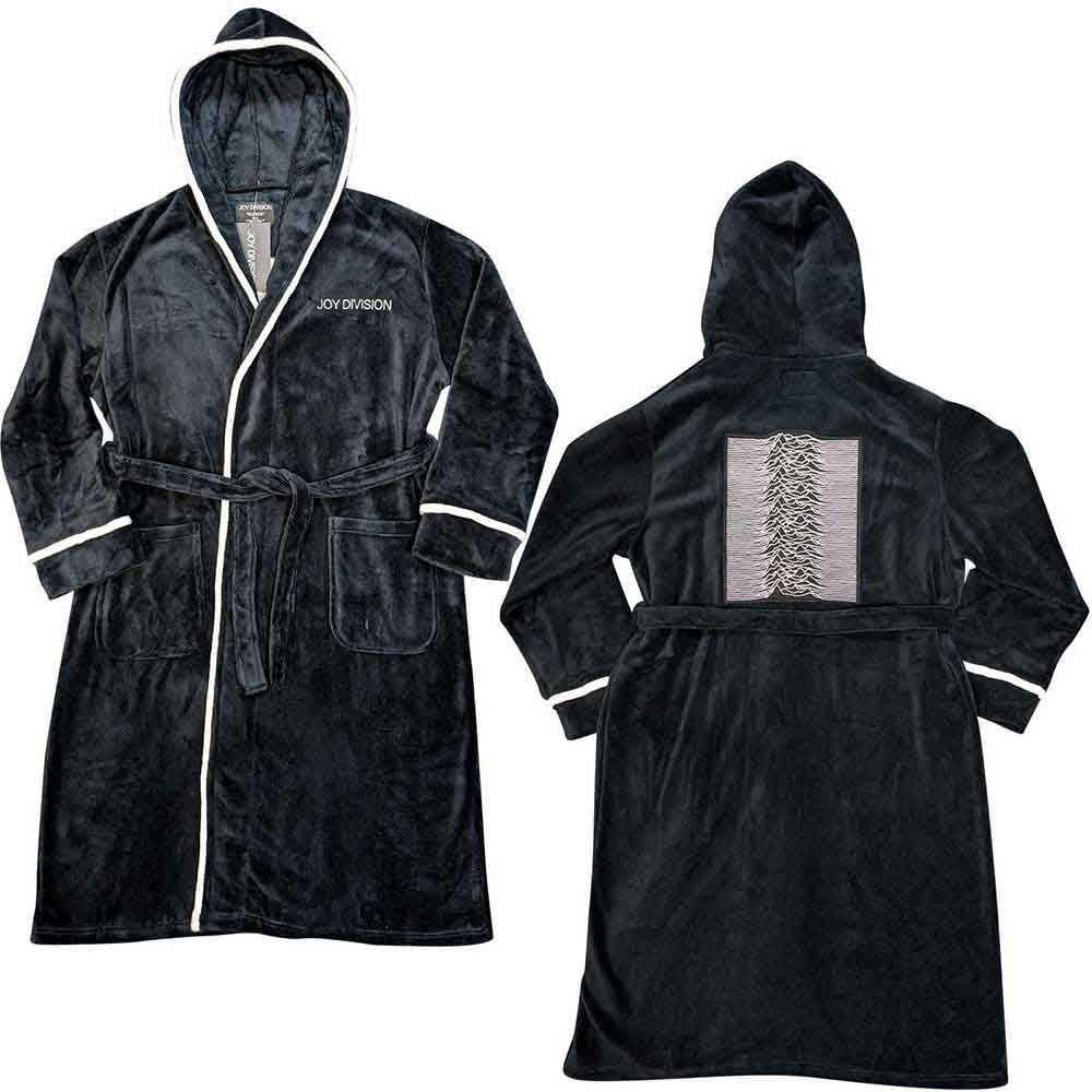 Black fleece bathrobe with white trim, featuring "Joy Division" logo.